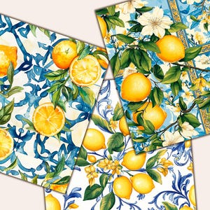May include: Watercolour illustrations of lemons and floral branches on a blue and white patterned background. The lemons are bright yellow with green leaves and white flowers. The design is reminiscent of Italian ceramics.