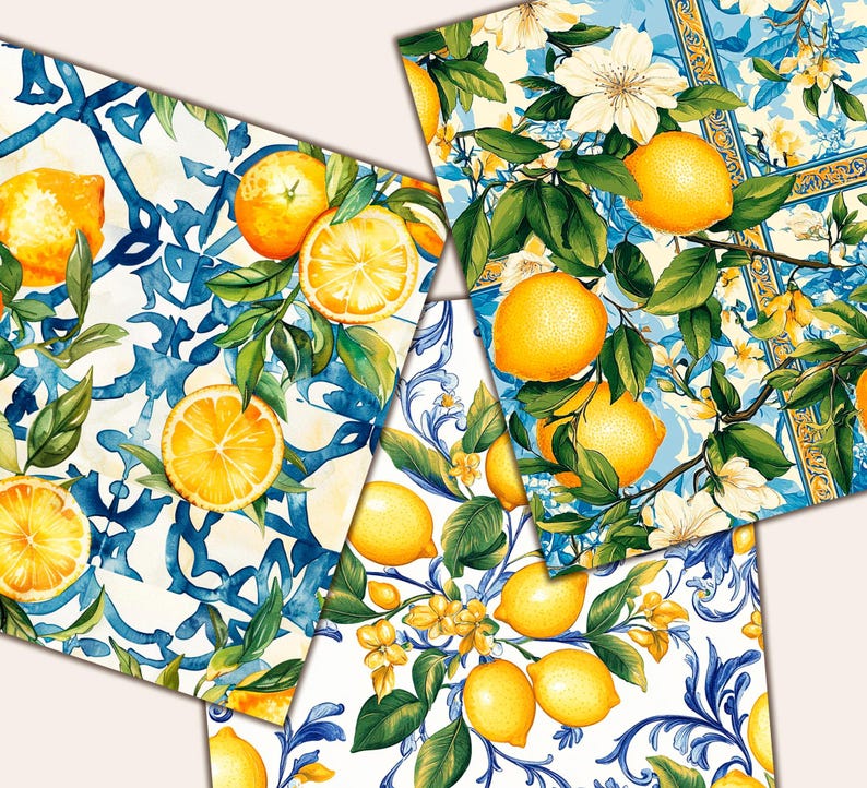 May include: Watercolour illustrations of lemons and floral branches on a blue and white patterned background. The lemons are bright yellow with green leaves and white flowers. The design is reminiscent of Italian ceramics.