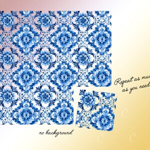 May include: A seamless pattern featuring a repeating design of blue and white floral motifs on a white background. The pattern is perfect for creating a variety of projects, such as fabric, wallpaper, and wrapping paper. Repeat as much as you need.