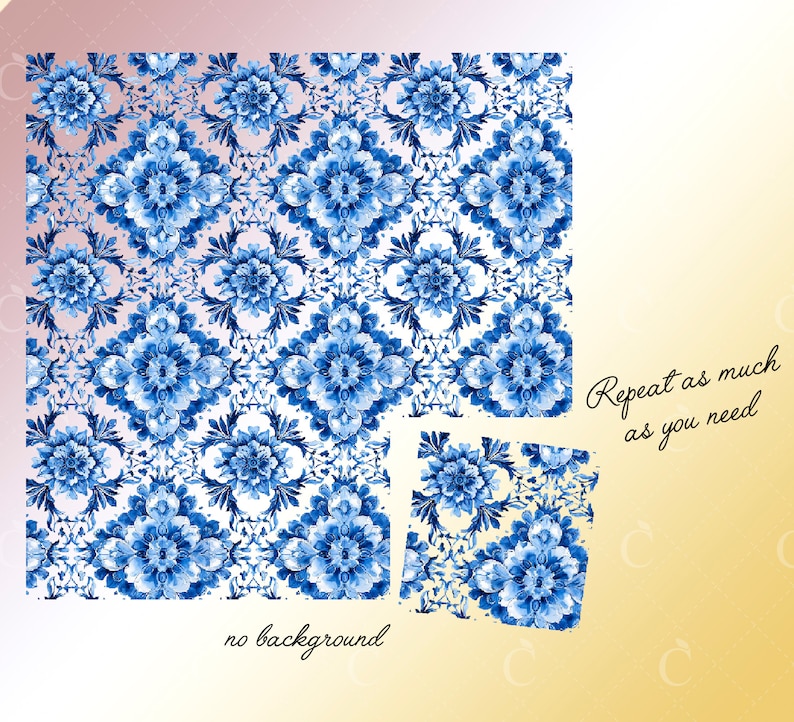May include: A seamless pattern featuring a repeating design of blue and white floral motifs on a white background. The pattern is perfect for creating a variety of projects, such as fabric, wallpaper, and wrapping paper. Repeat as much as you need.