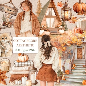Può includere: Illustrazione digitale con estetica cottagecore. L'immagine presenta una donna, un gatto, zucche, una baita e il testo "COTTAGECORE AESTHETIC 200 Digital PNG". La tavolozza dei colori include toni caldi di arancione, marrone e beige.