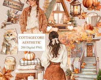 May include: Digital illustration with a cottagecore aesthetic. The image features a woman, a cat, pumpkins, a cabin, and the text "COTTAGECORE AESTHETIC 200 Digital PNG". The color palette includes warm tones of orange, brown, and beige.