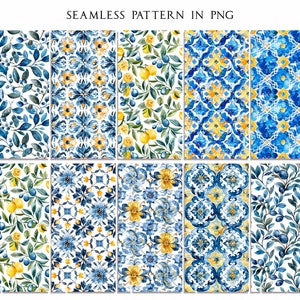 May include: A collection of watercolor seamless patterns in PNG format. The patterns feature botanical and geometric designs in shades of blue, yellow, and white. Designs include leaves, lemons, and floral motifs, suitable for various design projects.