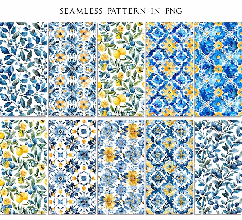 May include: A collection of watercolor seamless patterns in PNG format. The patterns feature botanical and geometric designs in shades of blue, yellow, and white. Designs include leaves, lemons, and floral motifs, suitable for various design projects.