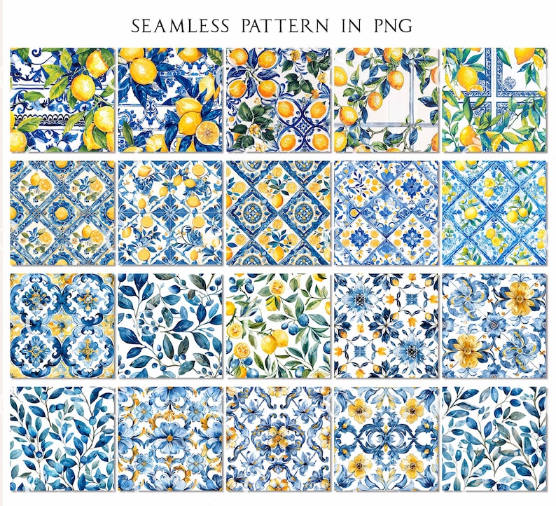 May include: A collection of seamless patterns in PNG format. The patterns feature watercolor designs with lemons, leaves, and floral motifs in shades of blue, yellow, and white. The text "SEAMLESS PATTERN IN PNG" is at the top.