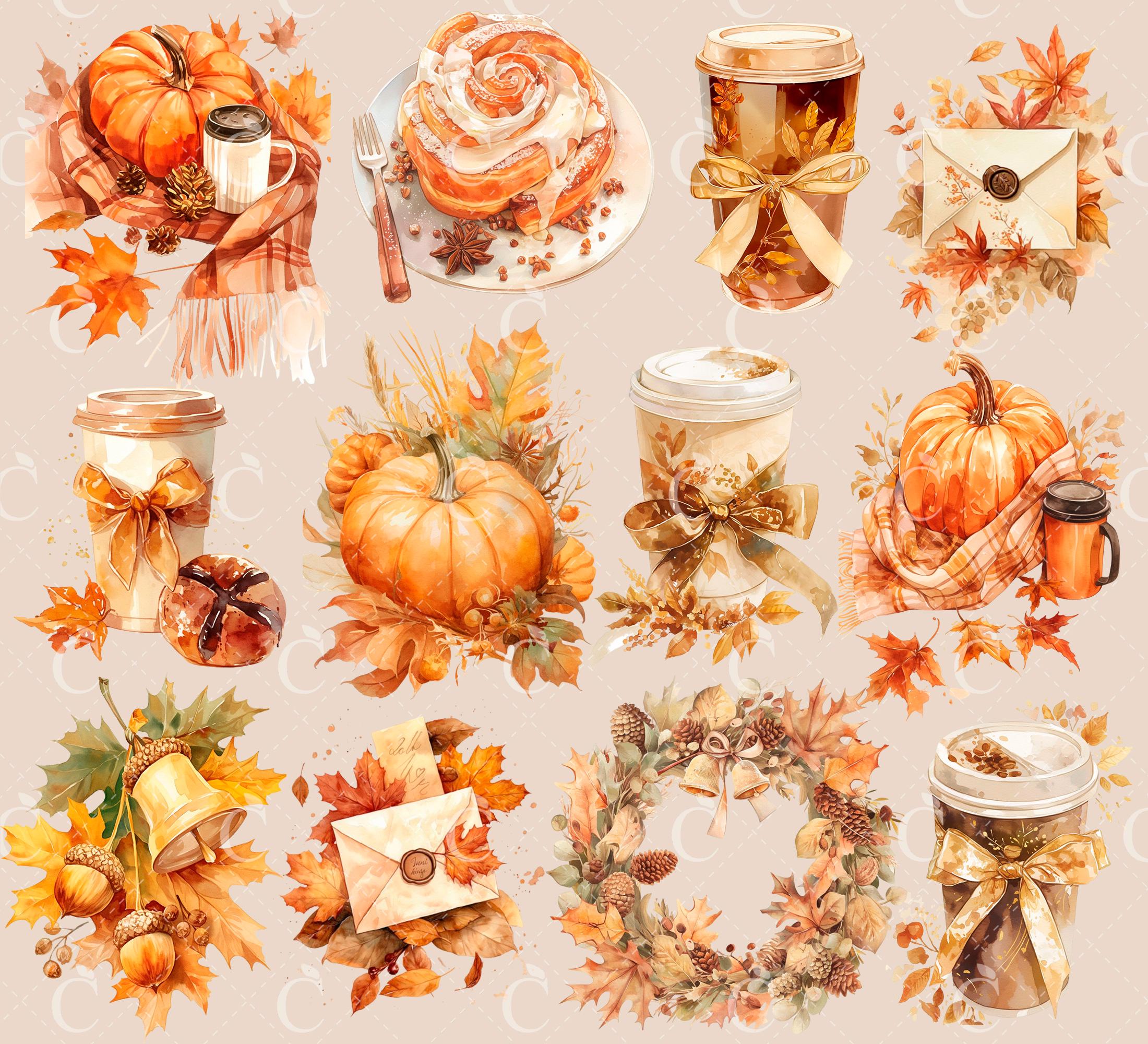 Watercolor Fall Clipart Bundle: Cozy Autumn PNG Graphics (digital ...