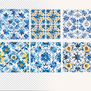 May include: Six square tiles with a blue and yellow floral pattern. The tiles feature intricate designs with stylized flowers and leaves.