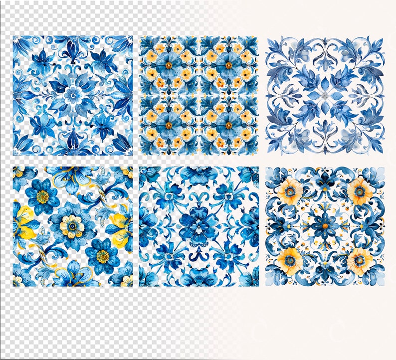 May include: Six square tiles with a blue and yellow floral pattern. The tiles feature intricate designs with stylized flowers and leaves.