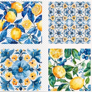 May include: Four different seamless patterns featuring watercolor illustrations of lemons, blueberries, flowers, and blue and yellow tile designs. The patterns are perfect for creating backgrounds, wrapping paper, or fabric.