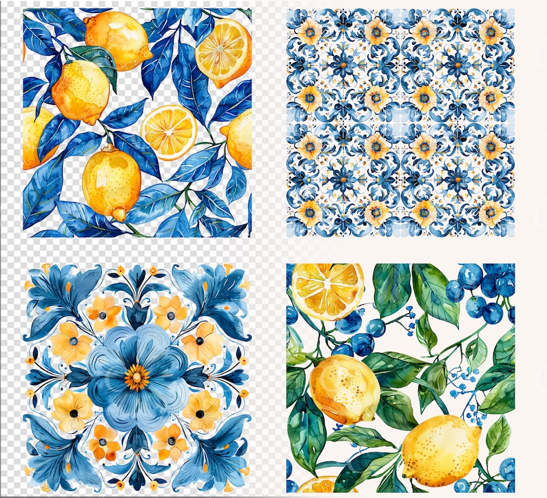 May include: Four different seamless patterns featuring watercolor illustrations of lemons, blueberries, flowers, and blue and yellow tile designs. The patterns are perfect for creating backgrounds, wrapping paper, or fabric.