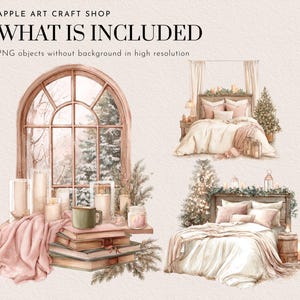 May include: Watercolor illustration featuring a cozy bedroom scene with a large arched window overlooking a snowy forest. The image includes a bed with pink pillows and a blanket, candles, books, and a Christmas tree. Text reads "WHAT IS INCLUDED".