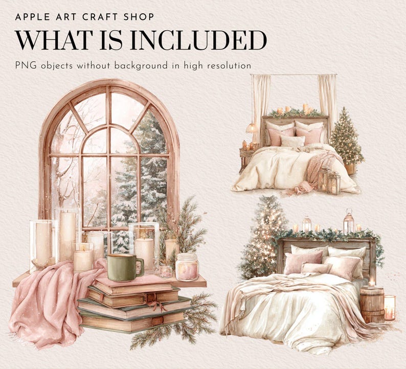 May include: Watercolor illustration featuring a cozy bedroom scene with a large arched window overlooking a snowy forest. The image includes a bed with pink pillows and a blanket, candles, books, and a Christmas tree. Text reads "WHAT IS INCLUDED".