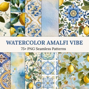 May include: A digital collection titled WATERCOLOR AMALFI VIBE 75+ PNG Seamless Patterns featuring various watercolor designs including yellow lemons on green leafy branches, blue and white floral motifs, and textured blue and yellow washes.