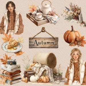May include: Watercolor illustration featuring autumn-themed elements. Includes a sign with "Autumn" text, pumpkins, hay bale, tea set, bouquet, pie, books, camera, and two women. The color palette is warm with shades of brown, orange, and beige.