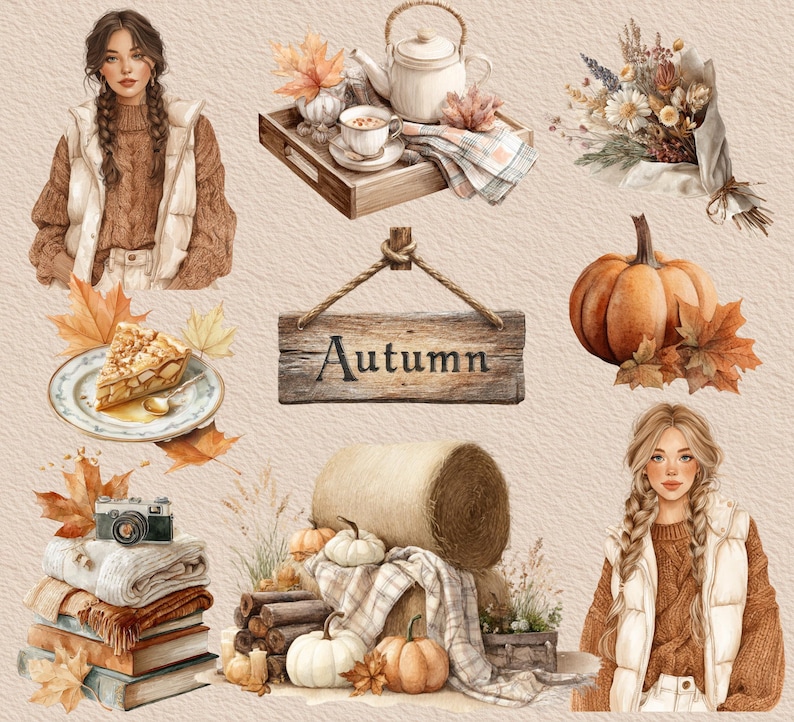 May include: Watercolor illustration featuring autumn-themed elements. Includes a sign with "Autumn" text, pumpkins, hay bale, tea set, bouquet, pie, books, camera, and two women. The color palette is warm with shades of brown, orange, and beige.
