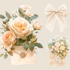 May include: A bouquet of cream-colored roses with green leaves and a white envelope with a wax seal. The roses are arranged in a vintage style with a bow tied on top of the envelope.
