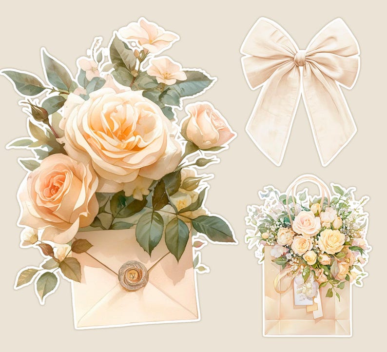 May include: A bouquet of cream-colored roses with green leaves and a white envelope with a wax seal. The roses are arranged in a vintage style with a bow tied on top of the envelope.