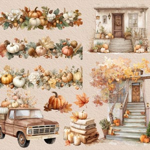 May include: Watercolor illustration featuring autumn elements. Includes pumpkins, fall foliage, and decorative borders. Also shown are a brown pickup truck, houses, candles, and stacked blankets, all in a warm, inviting color palette.
