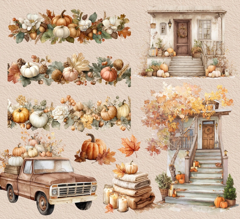 May include: Watercolor illustration featuring autumn elements. Includes pumpkins, fall foliage, and decorative borders. Also shown are a brown pickup truck, houses, candles, and stacked blankets, all in a warm, inviting color palette.