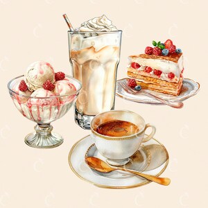 Pode incluir: Uma ilustra&ccedil;&atilde;o em aquarela de um conjunto de sobremesas com um copo de caf&eacute; gelado, uma tigela de sorvete com frutas vermelhas, uma fatia de bolo com frutas vermelhas e uma x&iacute;cara de caf&eacute; em um pires.