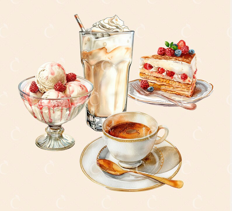 Pode incluir: Uma ilustra&ccedil;&atilde;o em aquarela de um conjunto de sobremesas com um copo de caf&eacute; gelado, uma tigela de sorvete com frutas vermelhas, uma fatia de bolo com frutas vermelhas e uma x&iacute;cara de caf&eacute; em um pires.