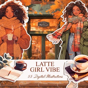 Watercolor Coffee Clipart Bundle, Fall Clipart, Girl with Coffee, Autumn Clip Art, Cozy Fall, Cozy Planner Clipart,Boho Planner, Boho Autumn