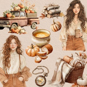 May include: Watercolor illustration featuring a vintage pickup truck filled with pumpkins, a bowl of soup, bread, and a woman. Other elements include a pocket watch, a basket with a blanket, and a woman holding a coffee cup. The color palette is warm and autumnal.