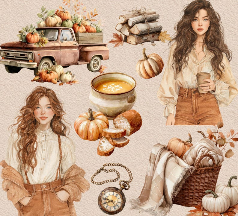 May include: Watercolor illustration featuring a vintage pickup truck filled with pumpkins, a bowl of soup, bread, and a woman. Other elements include a pocket watch, a basket with a blanket, and a woman holding a coffee cup. The color palette is warm and autumnal.