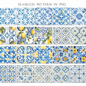 May include: A collection of watercolor seamless patterns in PNG format. The patterns feature blue and yellow floral and fruit designs, including lemons. The text "SEAMLESS PATTERN IN PNG" is at the top of the image.
