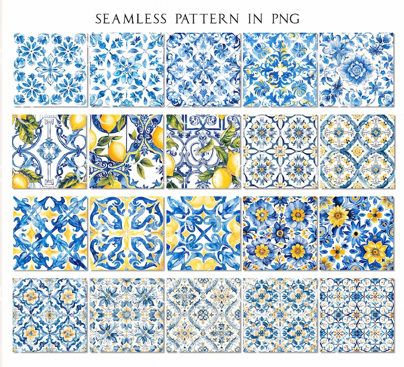 May include: A collection of watercolor seamless patterns in PNG format. The patterns feature blue and yellow floral and fruit designs, including lemons. The text "SEAMLESS PATTERN IN PNG" is at the top of the image.