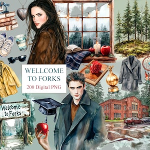 Puede incluir: Ilustración en acuarela con el tema de Forks, con una mujer, un hombre y varios objetos. Incluye un letrero que dice "Welcome to Forks", una ventana, libros y un birrete. También está presente el texto "WELCOME TO FORKS 200 Digital PNG".