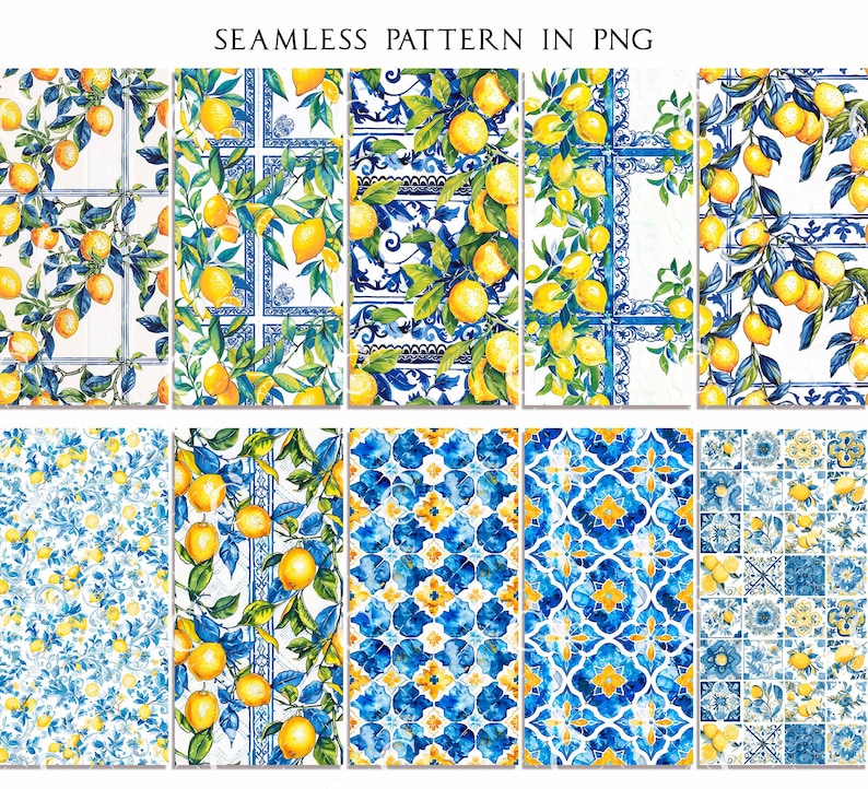 May include: A collection of seamless patterns featuring lemons and blue and white tile designs. The patterns include lemon branches, floral motifs, and geometric shapes. The text "SEAMLESS PATTERN IN PNG" is at the top of the image.