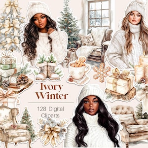 Gemütlicher Winter Clipart, Aquarell Neutrales Winter-Bundle, Winterhütte, Gemütlichkeit, Niedlichkeit PNG, Cottagecore, saisonale Aufkleber, Scrapbooking