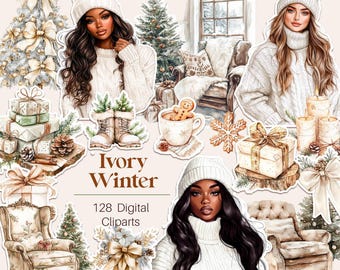 Cozy Winter Clipart, Watercolor Neutral Winter Bundle, Winter Cabin, Coziness, Cuteness PNG, Cottagecore, Seasonal Stickers, Scrapbooking