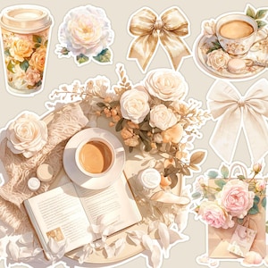May include: A collection of digital stickers featuring a variety of images, including a cup of coffee, a book, a bouquet of white roses, a teacup and saucer, and a bow. The stickers are perfect for adding a touch of elegance to your digital projects.