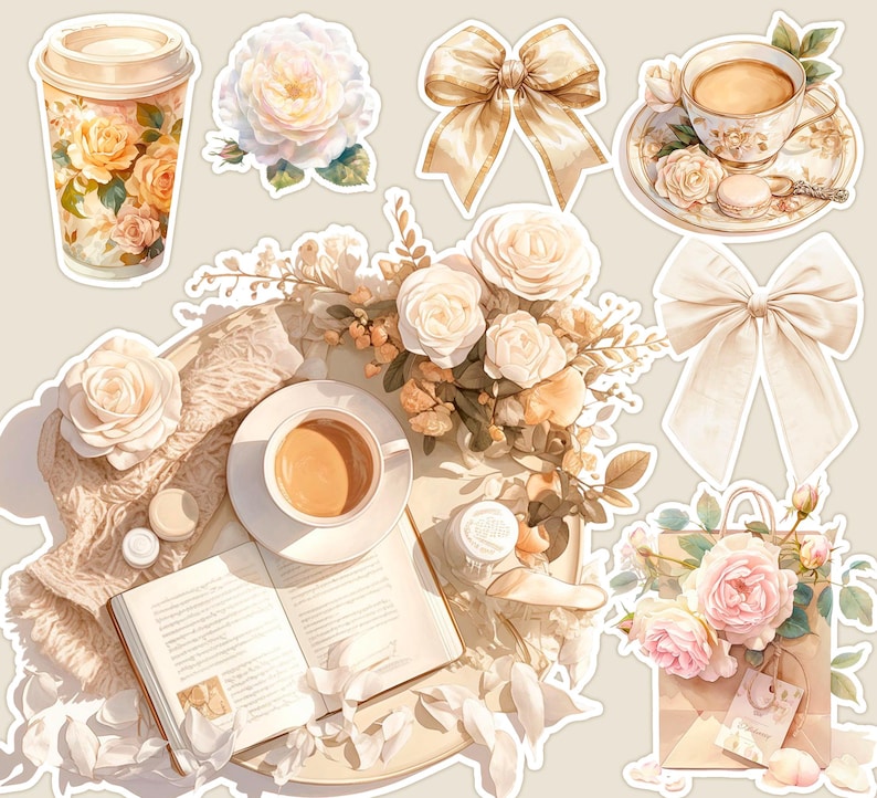 May include: A collection of digital stickers featuring a variety of images, including a cup of coffee, a book, a bouquet of white roses, a teacup and saucer, and a bow. The stickers are perfect for adding a touch of elegance to your digital projects.