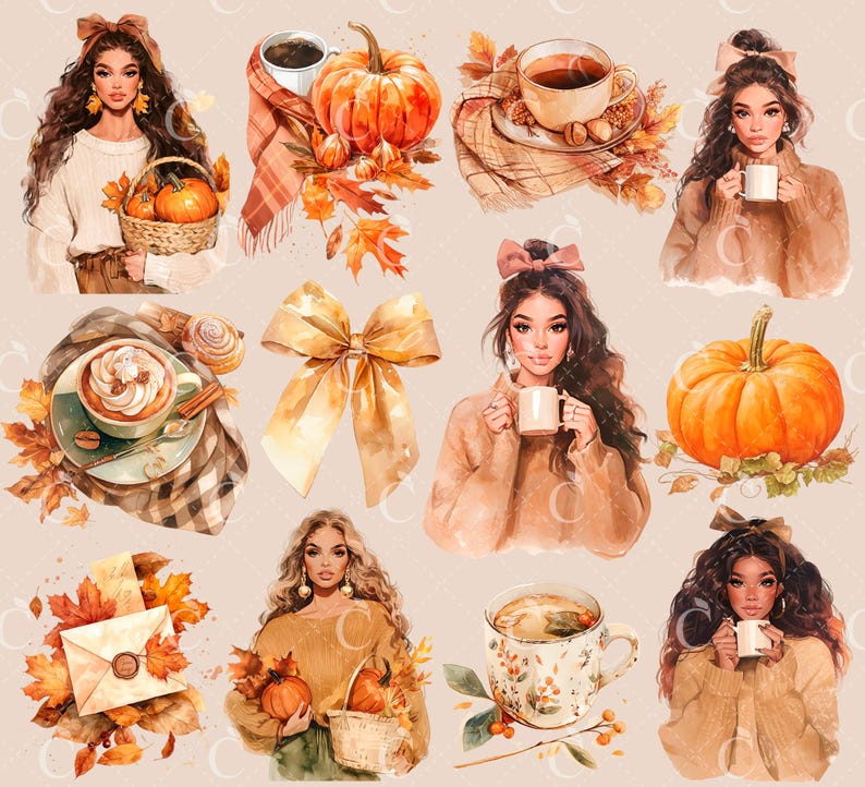 Watercolor Fall Clipart Bundle: Cozy Autumn PNG Graphics (digital ...