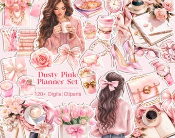 Watercolor Glam planner, Digital planner, Fashionable planner, Digital Sticker, Spring clipart, Coffee Clipart PNG, Coquette Clipart PNG