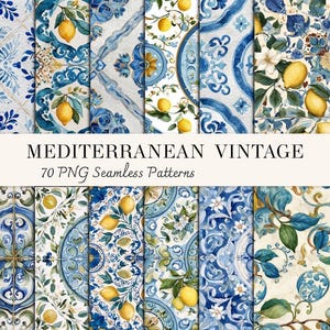 Può includere: Una collezione di motivi senza cuciture con un tema vintage mediterraneo. I disegni presentano piastrelle blu e bianche, limoni ed elementi floreali. Il testo "MEDITERRANEAN VINTAGE" e "70 PNG Seamless Patterns" è visualizzato.