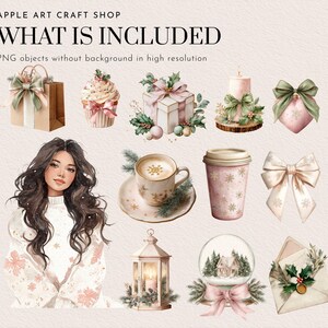 May include: Watercolor illustration featuring a woman and various holiday-themed objects. Includes a gift bag, cupcake, wrapped presents, candle, coffee cup, to-go cup, bow, lantern, snow globe, and an envelope. The text "WHAT IS INCLUDED" is at the top.