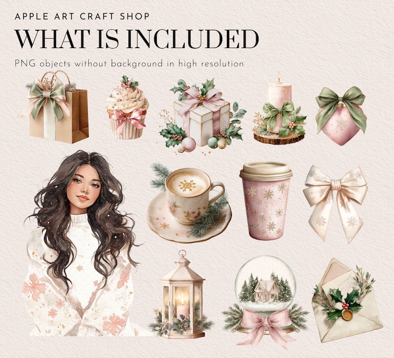 May include: Watercolor illustration featuring a woman and various holiday-themed objects. Includes a gift bag, cupcake, wrapped presents, candle, coffee cup, to-go cup, bow, lantern, snow globe, and an envelope. The text "WHAT IS INCLUDED" is at the top.