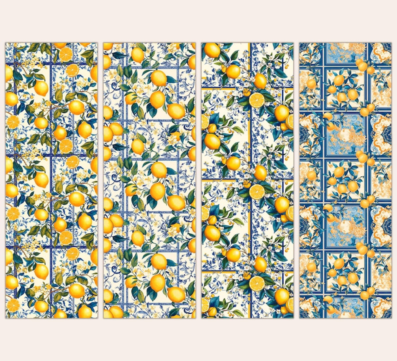 May include: Four panels of decorative art with a lemon and floral design. The artwork features bright yellow lemons on branches with green leaves and white blossoms against a cream and blue tile pattern. The panels are arranged side by side.