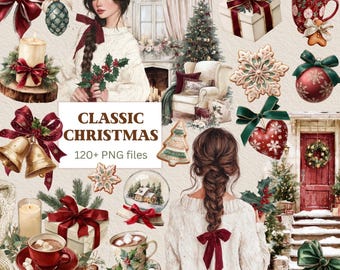 May include: A collage of Christmas-themed illustrations, including a woman, gifts, ornaments, and a Christmas tree. The text "CLASSIC CHRISTMAS" is displayed with "120+ PNG files" below it. The color palette includes red, green, white, and gold.