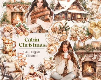Watercolor Winter Cabin ClipArt, Cozy Winter Clip Art Bundle, Holidays PNG, Winter Vacation PNG, Cottagecore clipart, Digital Download