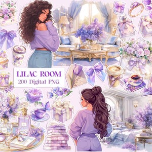 Puede incluir: Conjunto de clipart digital Lilac Room con 200 imágenes. El conjunto incluye una mujer con una camisa morada y pantalones vaqueros azules, un ramo de flores moradas, una taza de café, una pila de libros, una caja de regalo, una ventana con vista a un arbusto de lila y otros elementos decorativos.