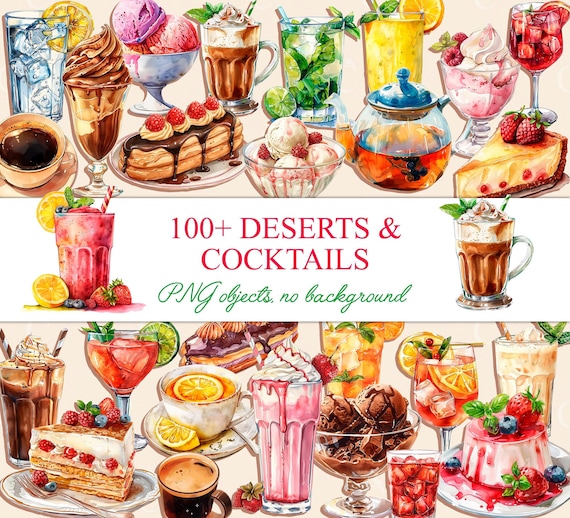 Watercolor Cocktail Clipart, Watercolor Signature Drink Menu, Desserts clipart, Mojito Illustrations, Coffee PNG, Donuts clipart, Ice Cream