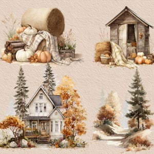 May include: Watercolor illustration featuring autumn elements. Includes a hay bale, pumpkins, a small wooden shed, a house, and a path. The color palette is warm, with shades of orange, brown, and beige, evoking a cozy, seasonal atmosphere.