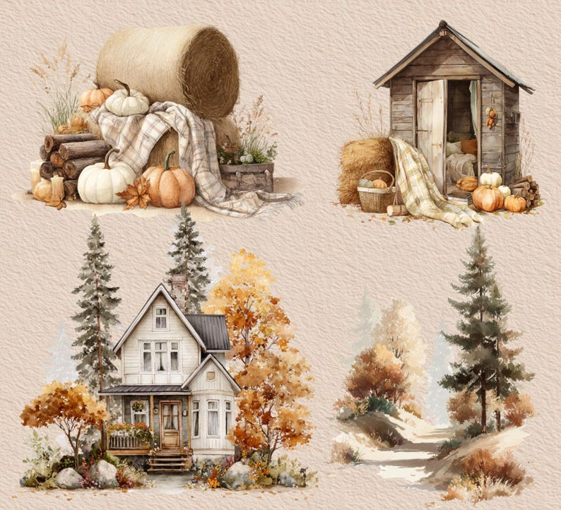May include: Watercolor illustration featuring autumn elements. Includes a hay bale, pumpkins, a small wooden shed, a house, and a path. The color palette is warm, with shades of orange, brown, and beige, evoking a cozy, seasonal atmosphere.