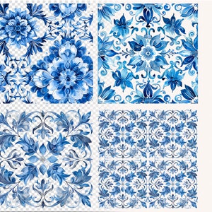 May include: Four blue and white watercolor tile patterns with floral designs. The tiles are arranged in a grid pattern.