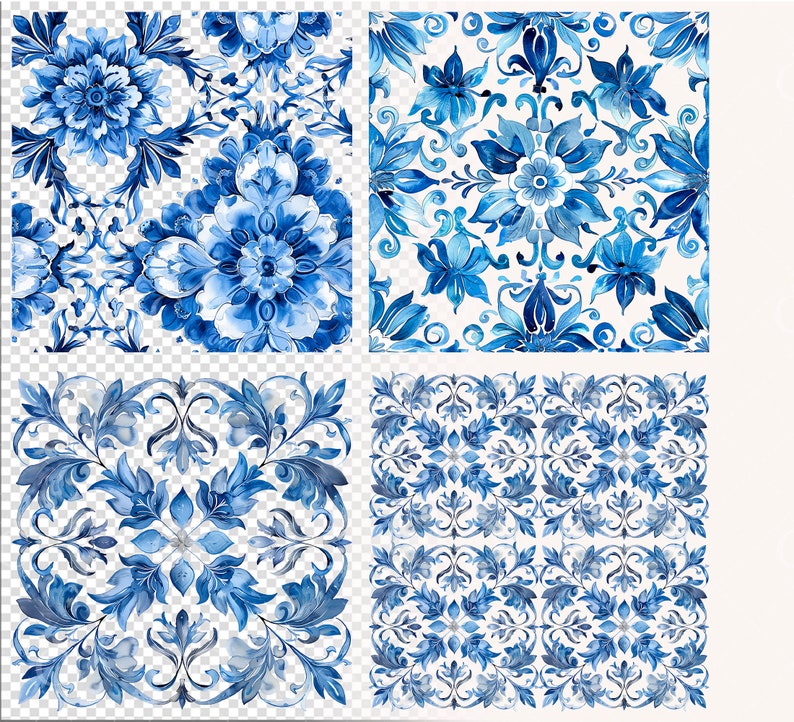 May include: Four blue and white watercolor tile patterns with floral designs. The tiles are arranged in a grid pattern.